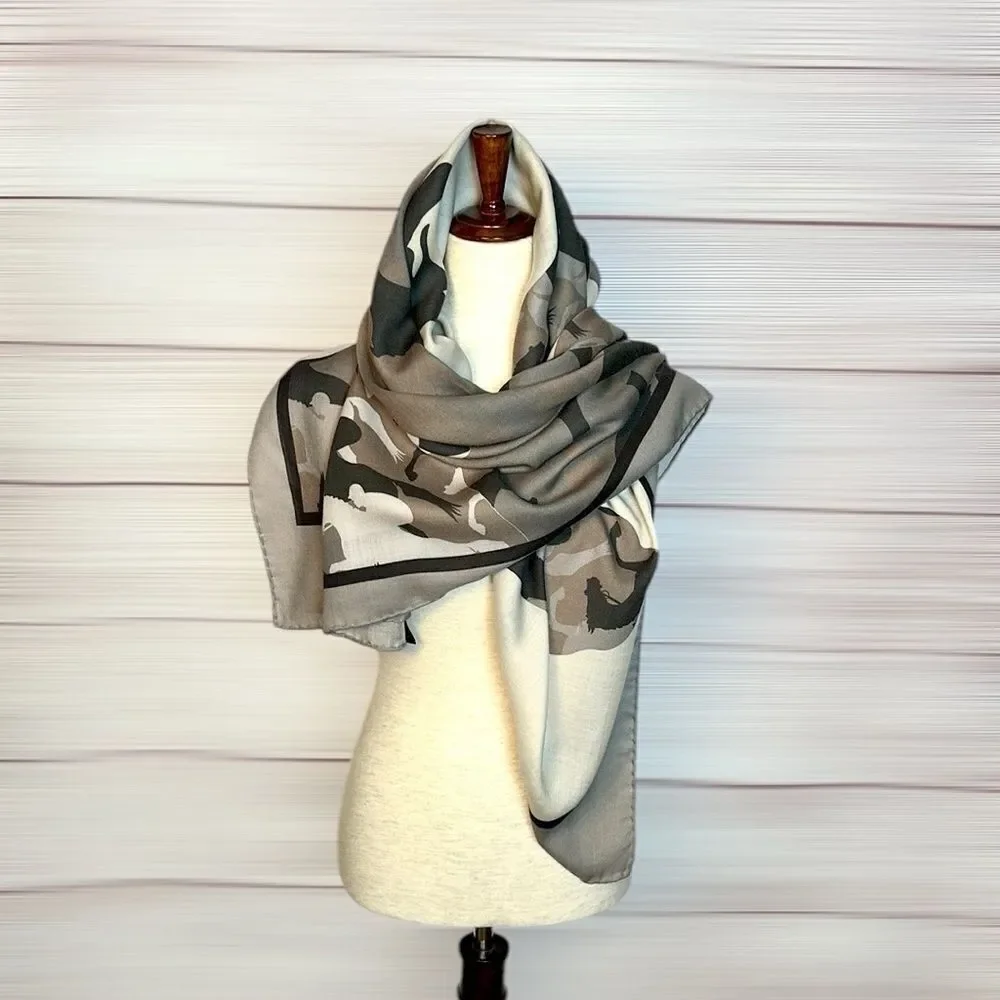 RANI ARABELLA Horse Racing Scarf Shawl Beige Taupe Cashmere Silk Wool ITALY 51”